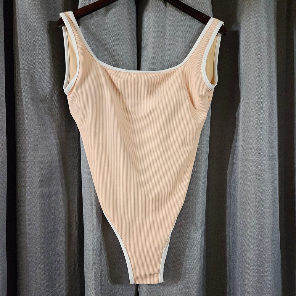 LainSnow Peach Ribbed High Cut Low Back One Piece Swimsuit Women Large USA